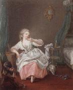 unknow artist A bedroom interior with a young girl holding a song bird oil on canvas